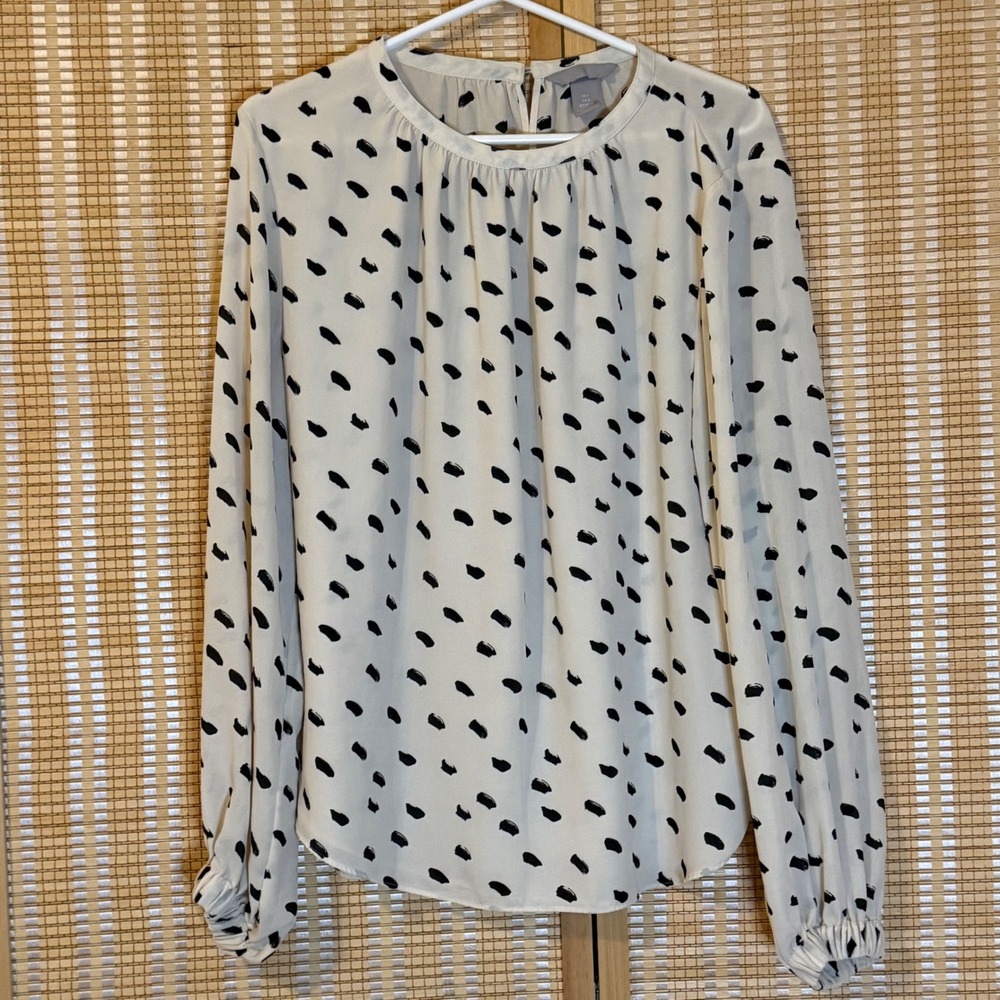 HM Women Cream Black Abstract Brushstroke Polka Dot Long Sleeve Blouse Size L